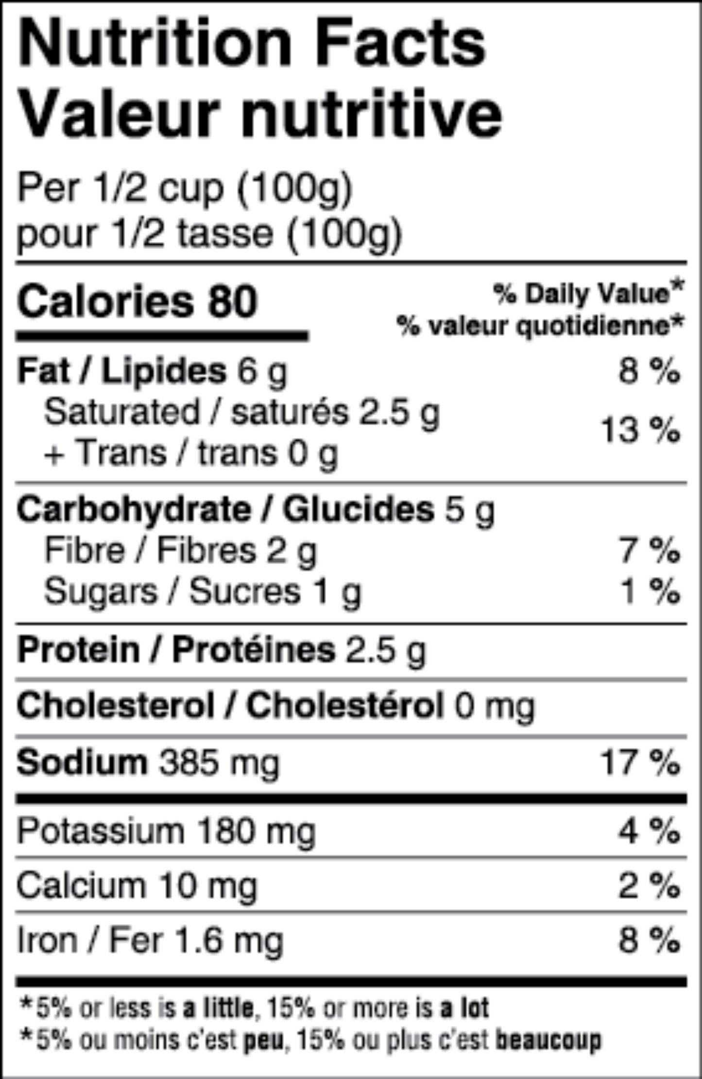 Nutrition facts label for a food product