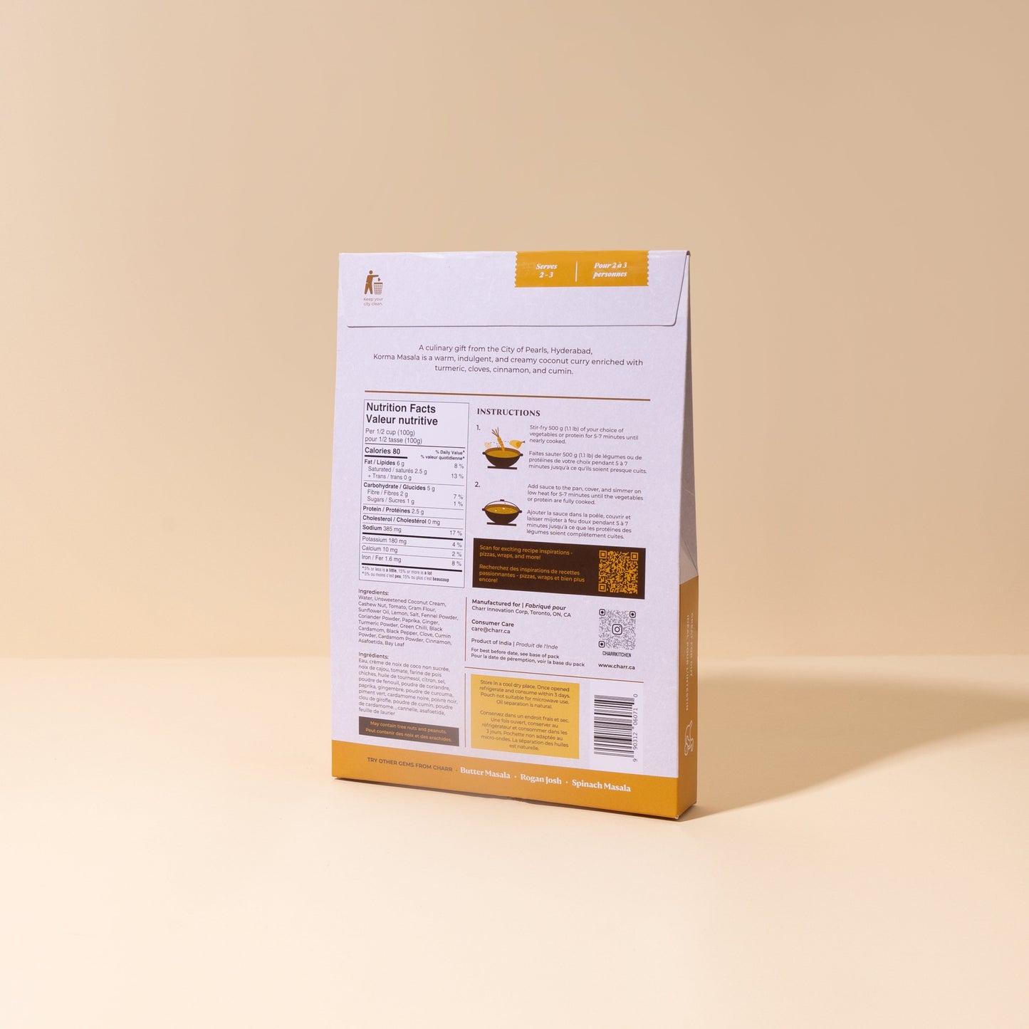 Product packaging with nutritional information on a beige background