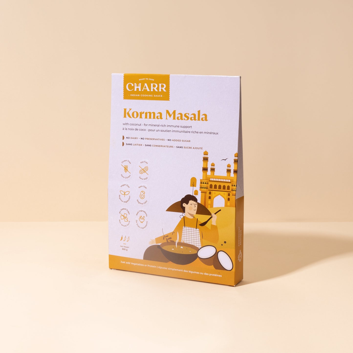 Box of Charr Korma Masala on a beige background