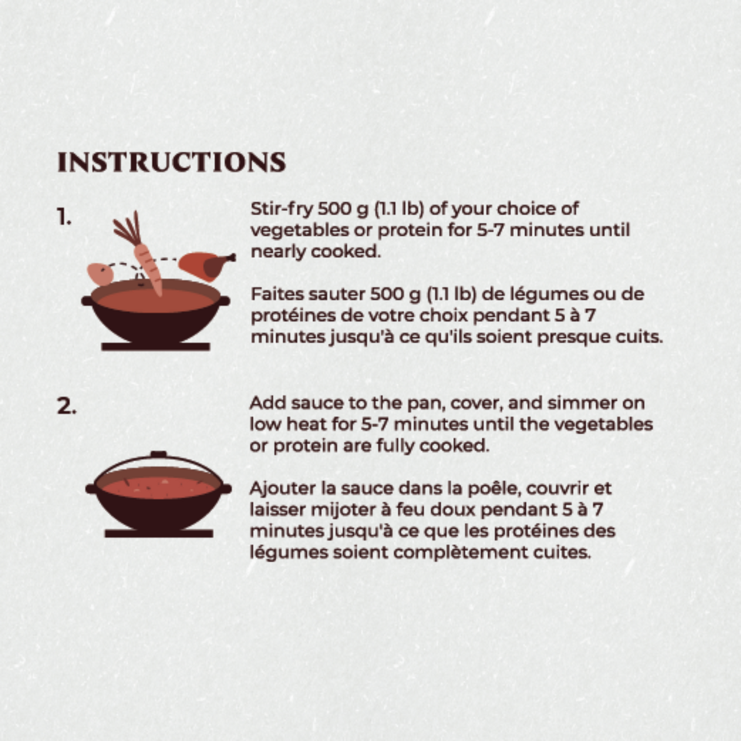 Instructions for stir-frying vegetables or protein with a pan illustration on a light gray background.
