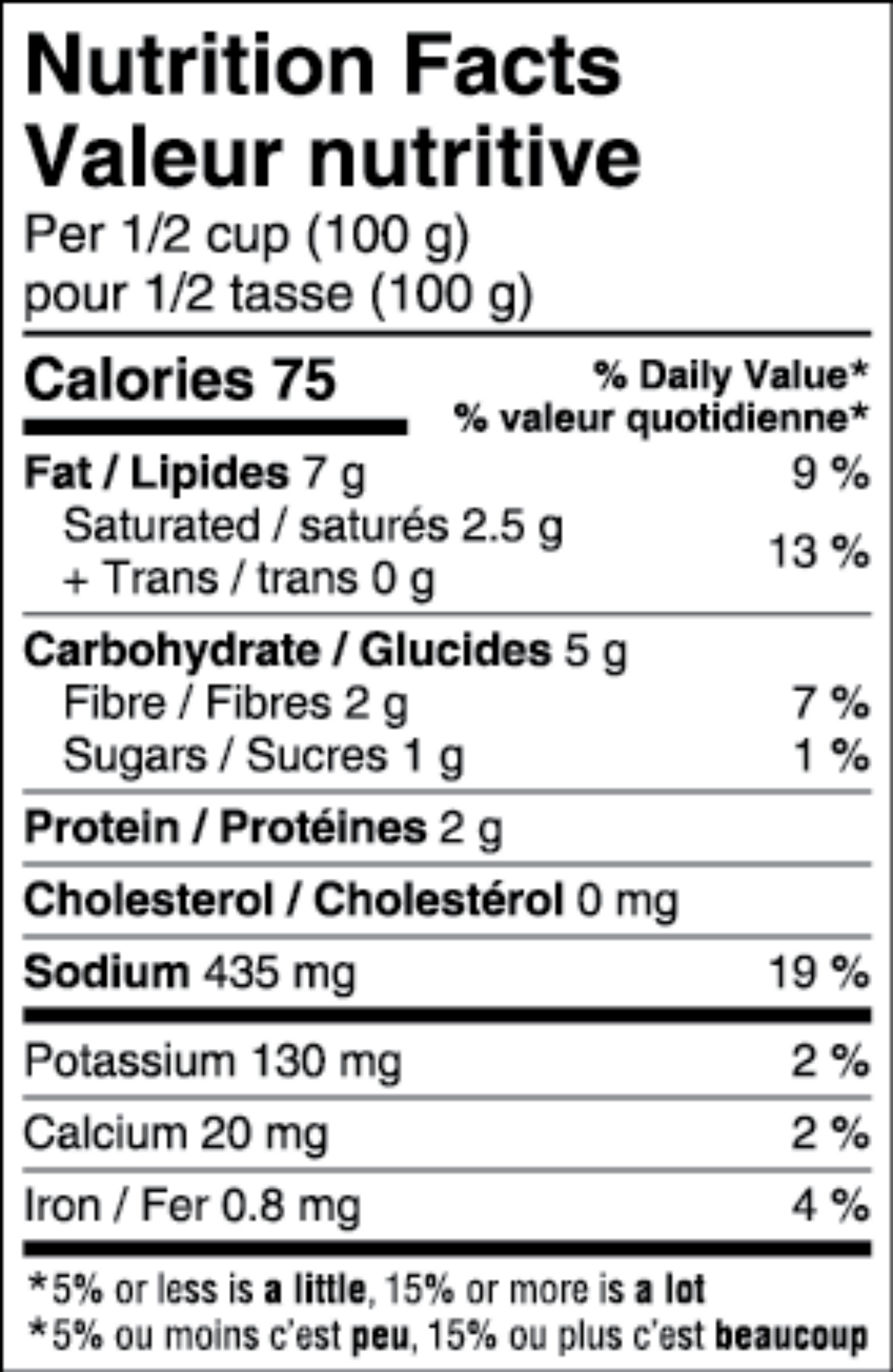 Nutrition facts label for a food product