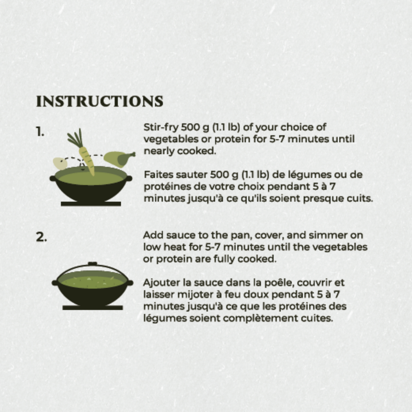 Stir-fry recipe instructions with illustrations of a pan and vegetables on a light gray background.