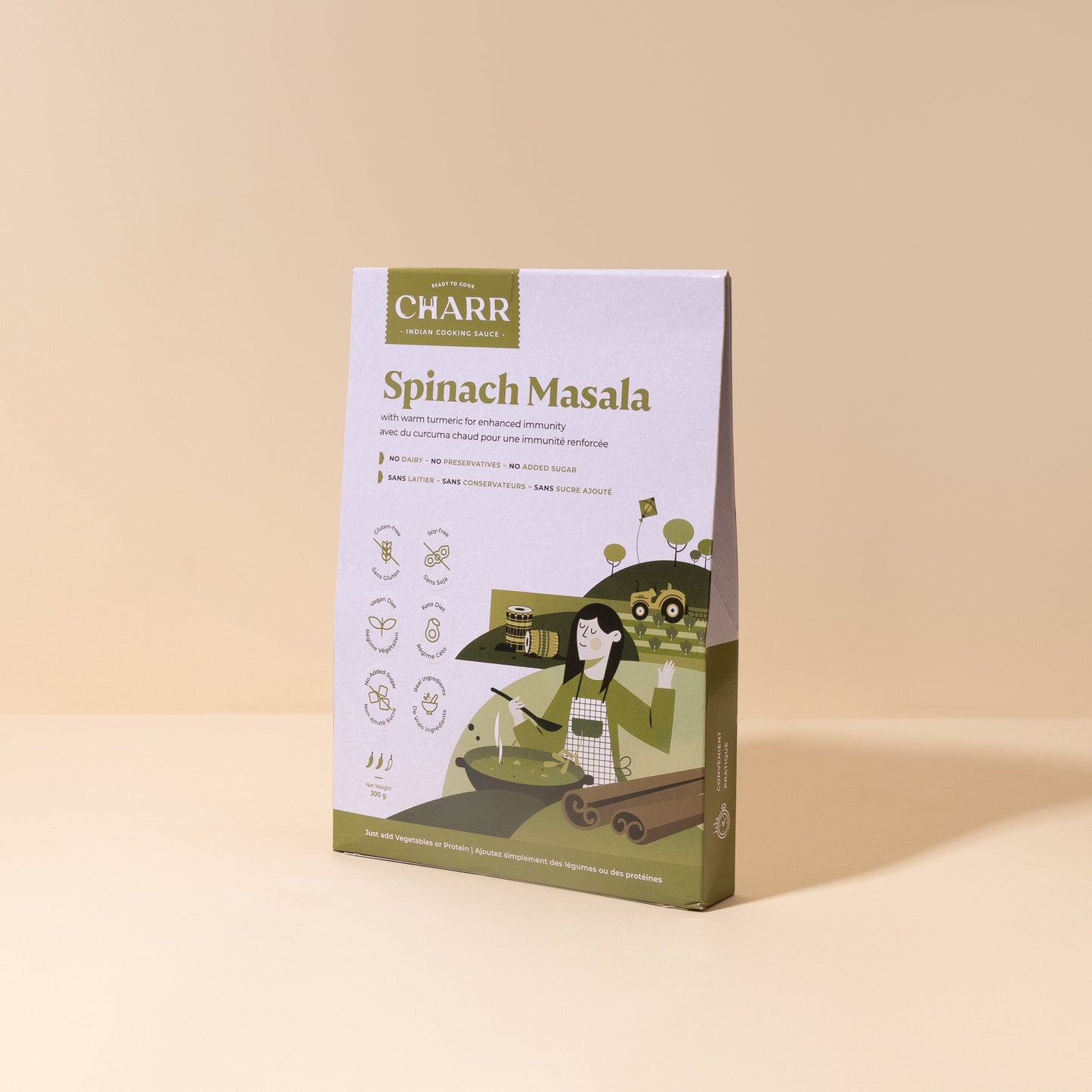 Box of Charr Spinach Masala on a beige background