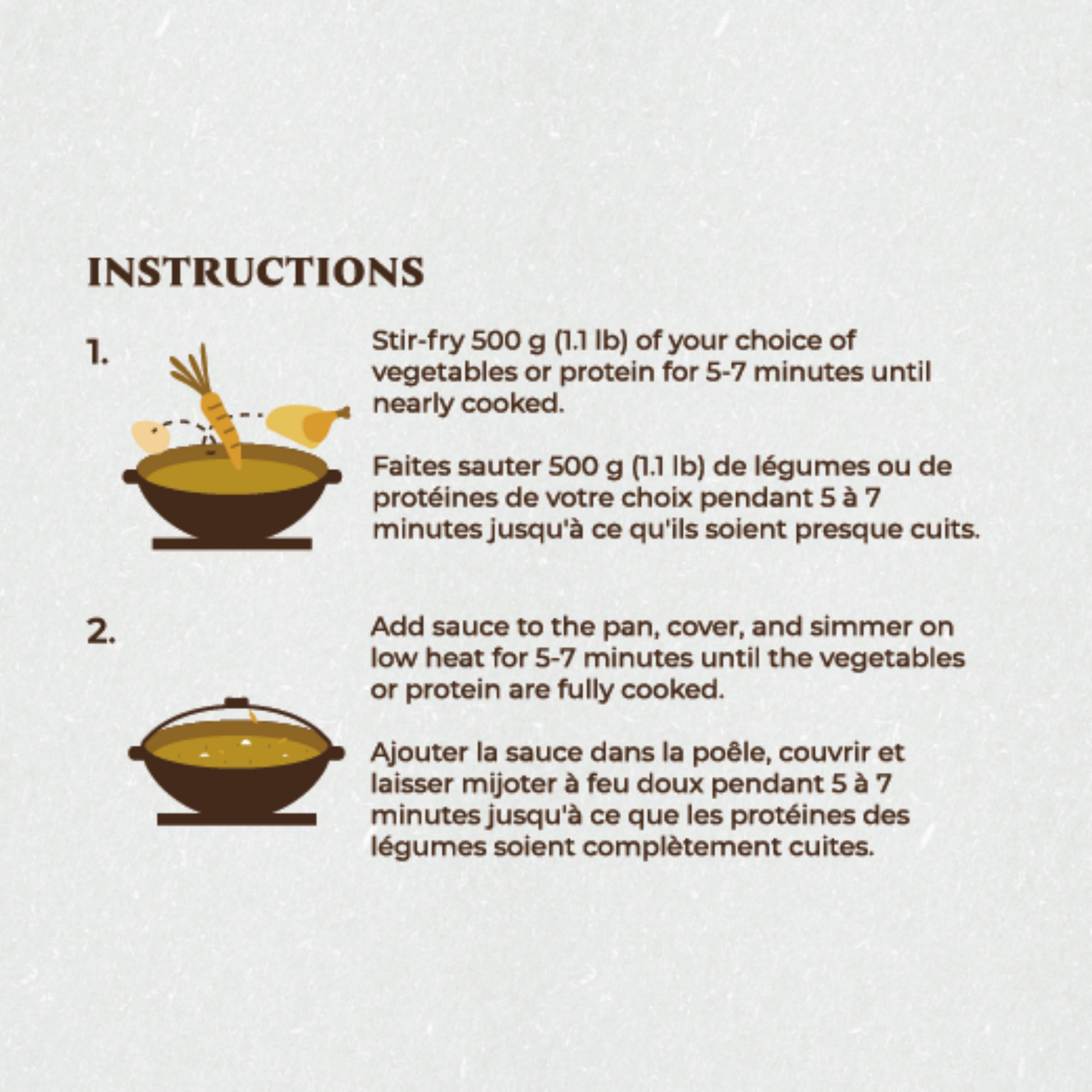 Instructions for stir-frying vegetables or protein with a visual of a pan and vegetables.