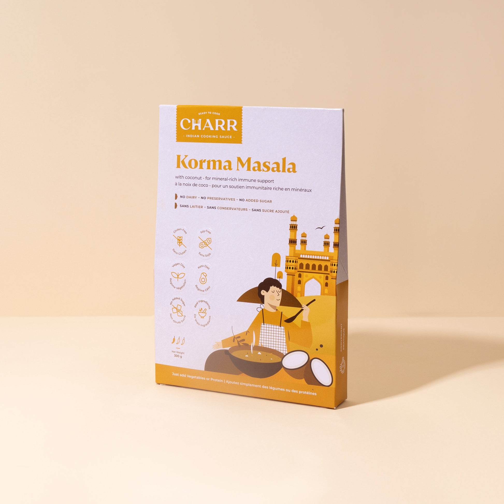 Box of Charr Korma Masala on a beige background