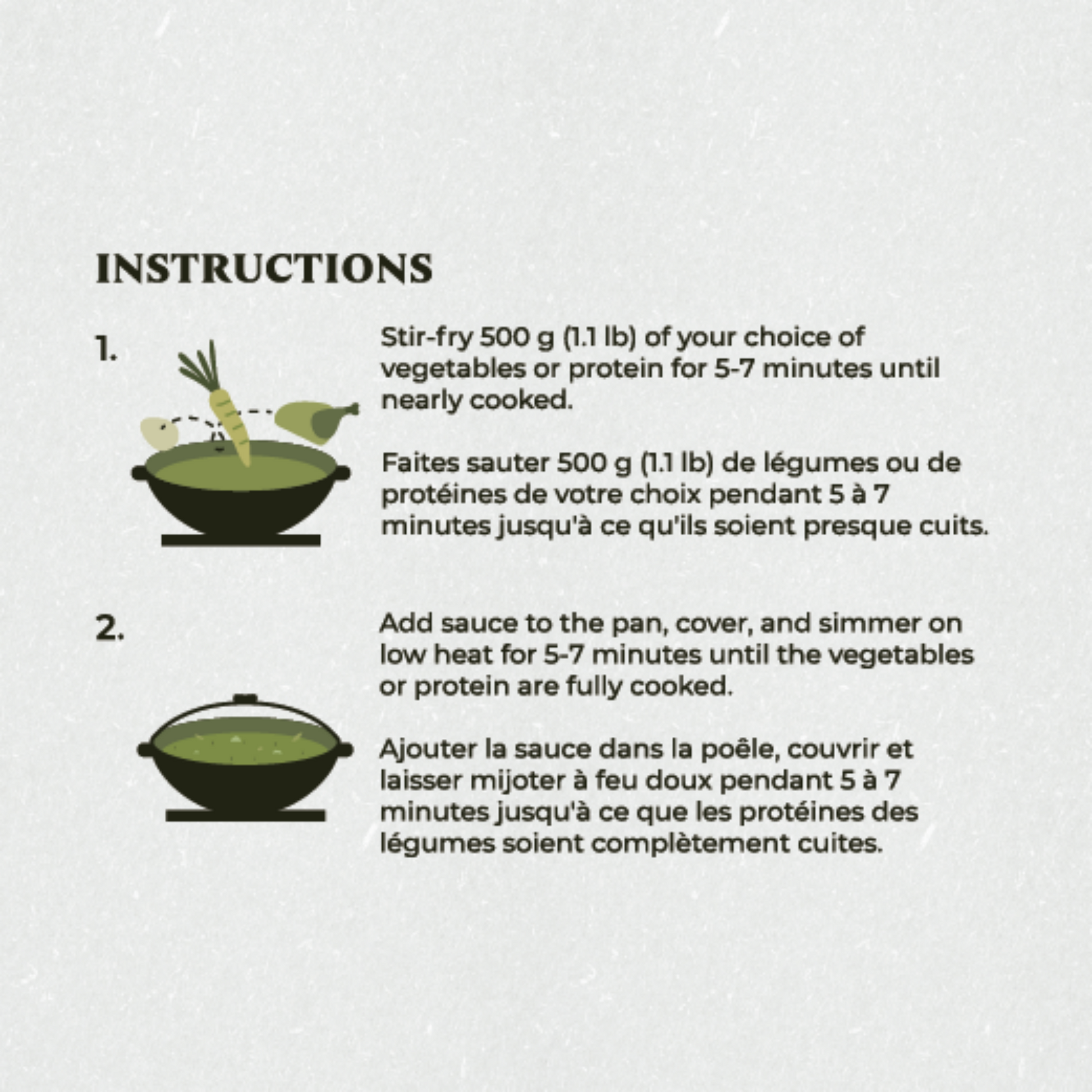 Stir-fry recipe instructions with illustrations of a pan and vegetables on a light gray background.